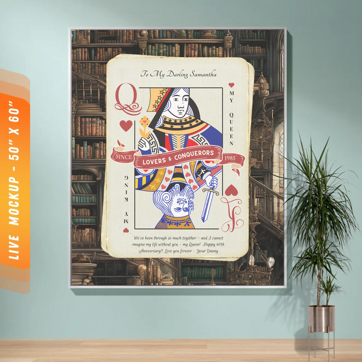 King & Queen of Hearts Couples Playing Card Personalized Heirloom Blanket (Book Lovers Edition)
