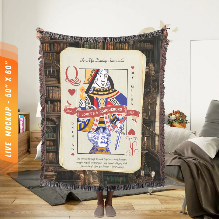 King & Queen of Hearts Couples Playing Card Personalized Heirloom Blanket (Book Lovers Edition)