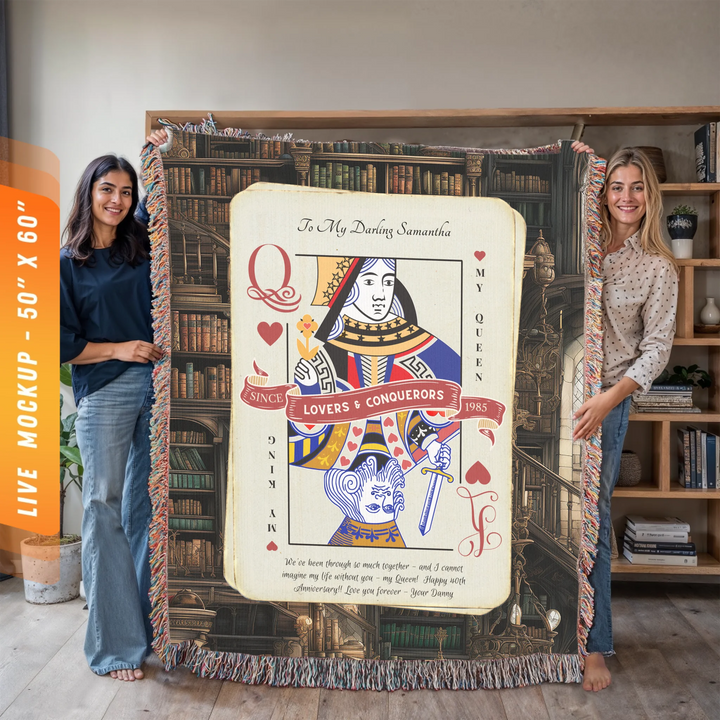 King & Queen of Hearts Couples Playing Card Personalized Heirloom Blanket (Book Lovers Edition)