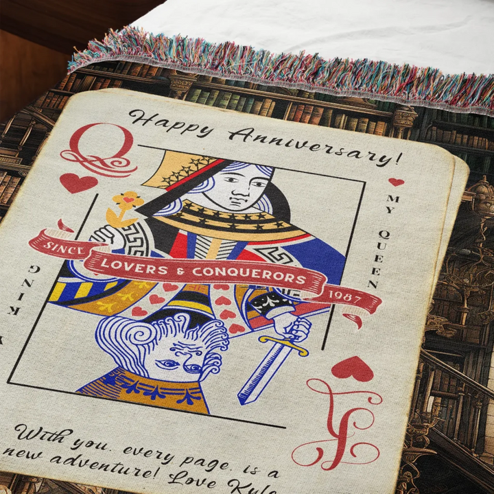 King & Queen of Hearts Couples Playing Card Personalized Heirloom Blanket (Book Lovers Edition)