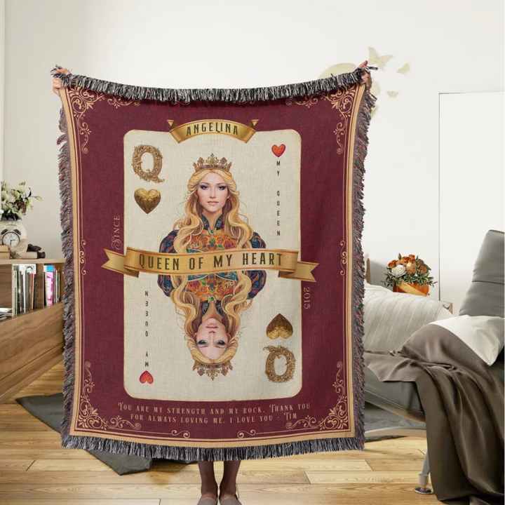 Queen of My Heart Playing Card Personalized Heirloom Blanket - Euro Regality