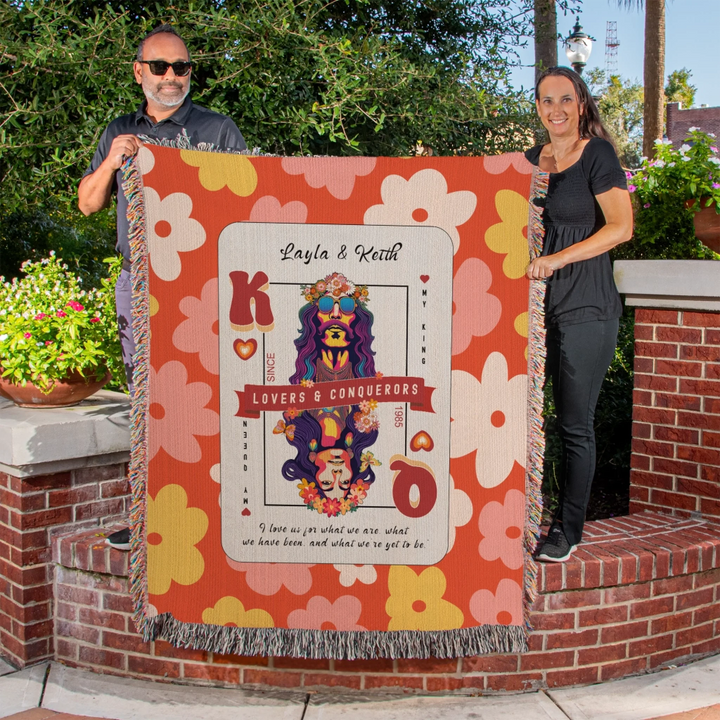King & Queen of Hearts Couples Playing Card Personalized Heirloom Blanket (60's Vibe Retro Edition)