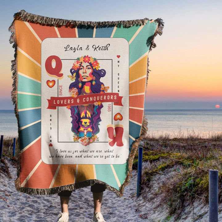 King & Queen of Hearts Couples Playing Card Personalized Heirloom Blanket (60's Vibe Retro Edition)