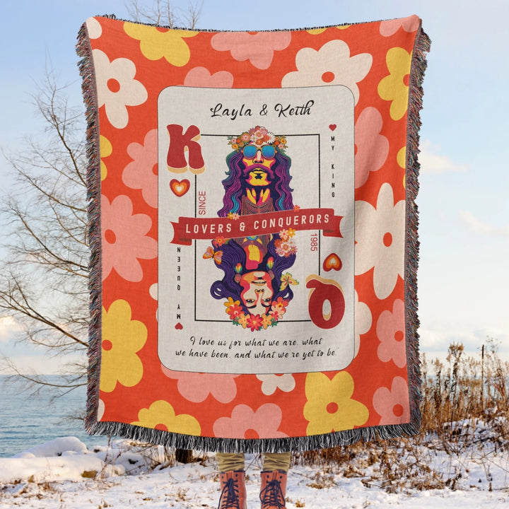 King & Queen of Hearts Couples Playing Card Personalized Heirloom Blanket (60's Vibe Retro Edition)
