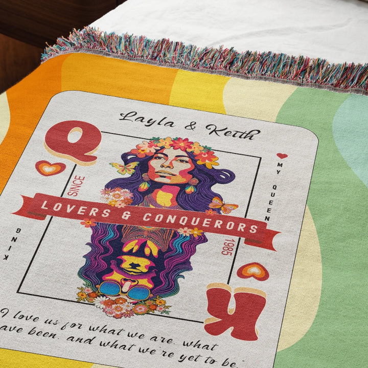King & Queen of Hearts Couples Playing Card Personalized Heirloom Blanket (60's Vibe Retro Edition)