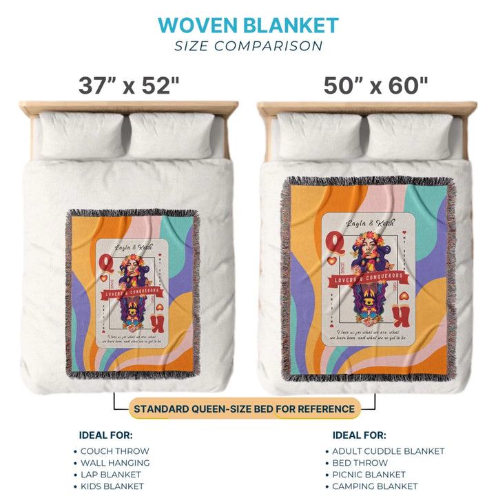 King & Queen of Hearts Couples Playing Card Personalized Heirloom Blanket (60's Vibe Retro Edition)