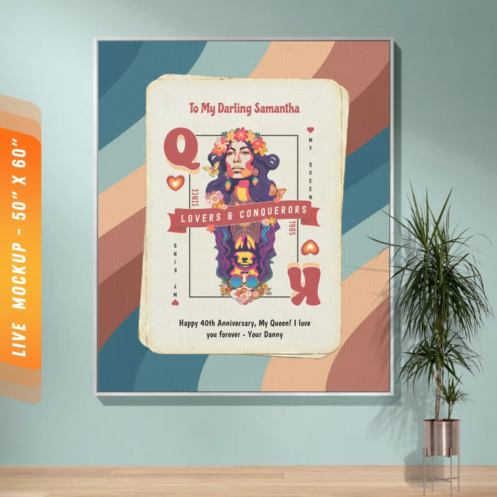 King & Queen of Hearts Couples Playing Card Personalized Heirloom Blanket (60's Vibe Retro Edition)