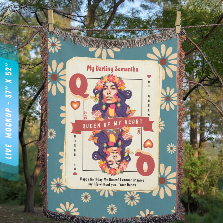 King & Queen of Hearts Couples Playing Card Personalized Heirloom Blanket (60's Vibe Retro Edition)