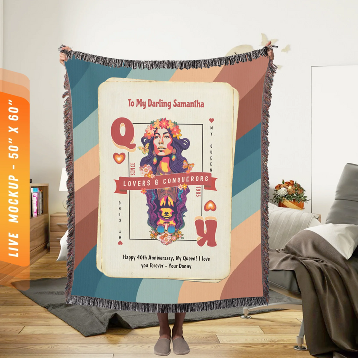 King & Queen of Hearts Couples Playing Card Personalized Heirloom Blanket (60's Vibe Retro Edition)