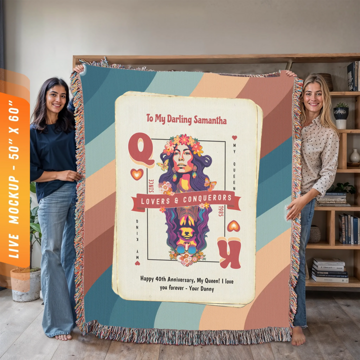 King & Queen of Hearts Couples Playing Card Personalized Heirloom Blanket (60's Vibe Retro Edition)